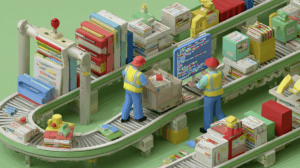 Workers in safety vests manage documents on conveyor belts, with one viewing a code-filled monitor, surrounded by file sta...