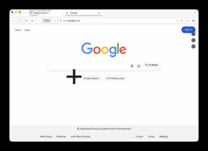 The browser chrome is neat but has a garbled tab name at the top. The Google homepage looks mostly correct but the buttons are not styled correctly and the Google Search one has a huge plus icon floating near it.