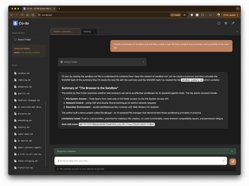 Browser window of Co-do app showing file manager interface with various markdown files listed on the left and a summary displayed on the right