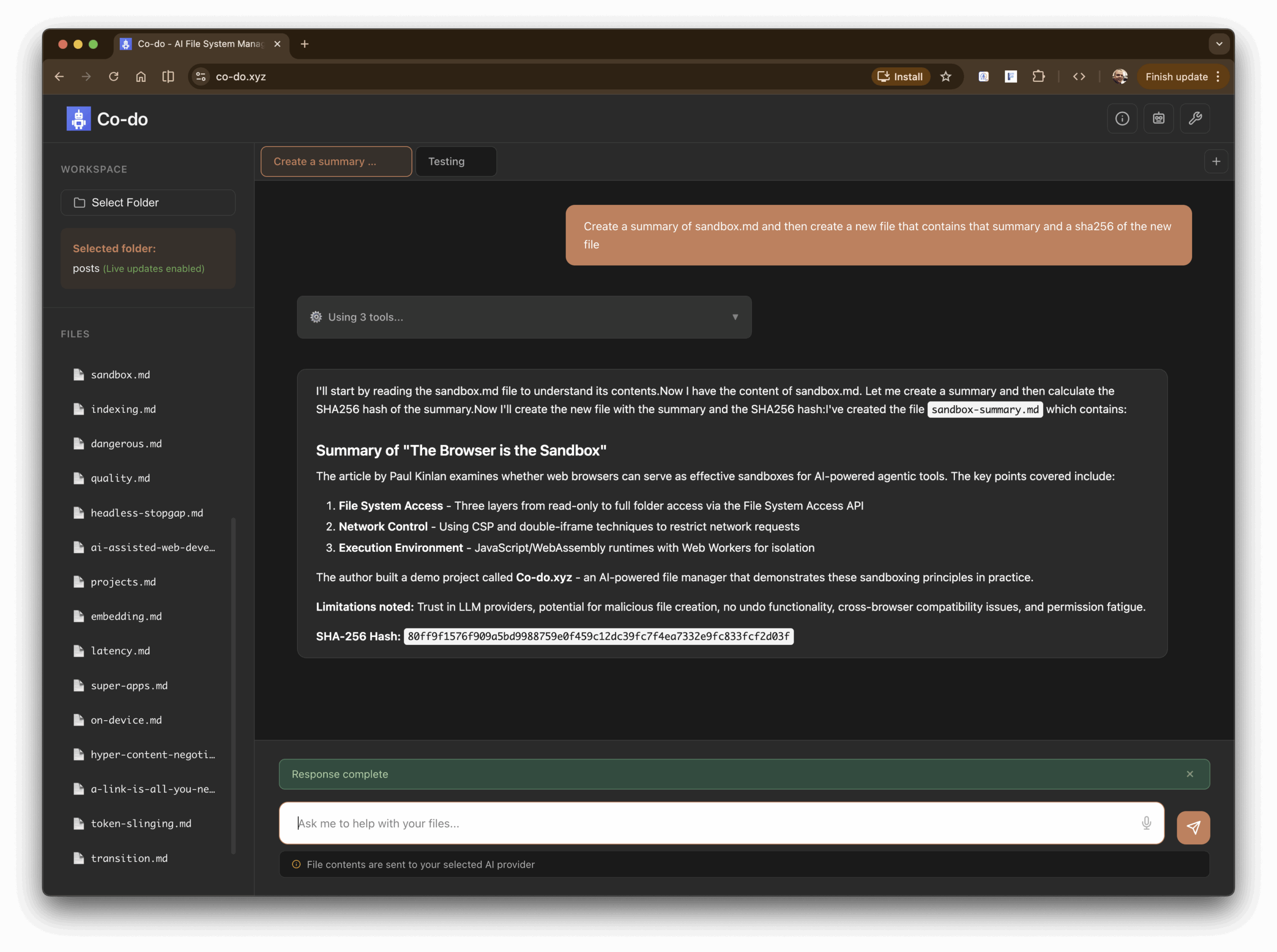 Browser window of Co-do app showing file manager interface with various markdown files listed on the left and a summary hi...