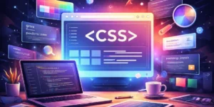 Laptop displaying code on a desk with a coffee cup, glasses, and plant. CSS symbols and colorful UI elements hover above.