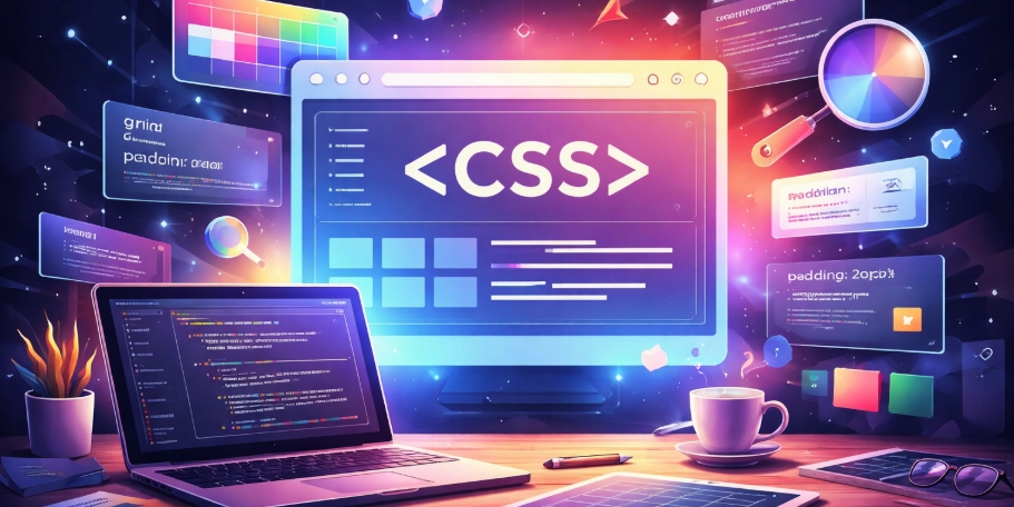 Laptop displaying code on a desk with a coffee cup, glasses, and plant. CSS symbols and colorful UI elements hover above.