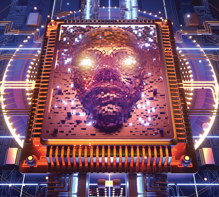 A stylised futuristic illustration showing a human face constructed from small digital blocks rising out of a computer microchip, with bright eyes and glowing circuit lines around it, suggesting artificial intelligence.