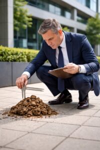 Man in a suit crouching on pavement, examining a pile of manure with a multitool while holding a clipboard.