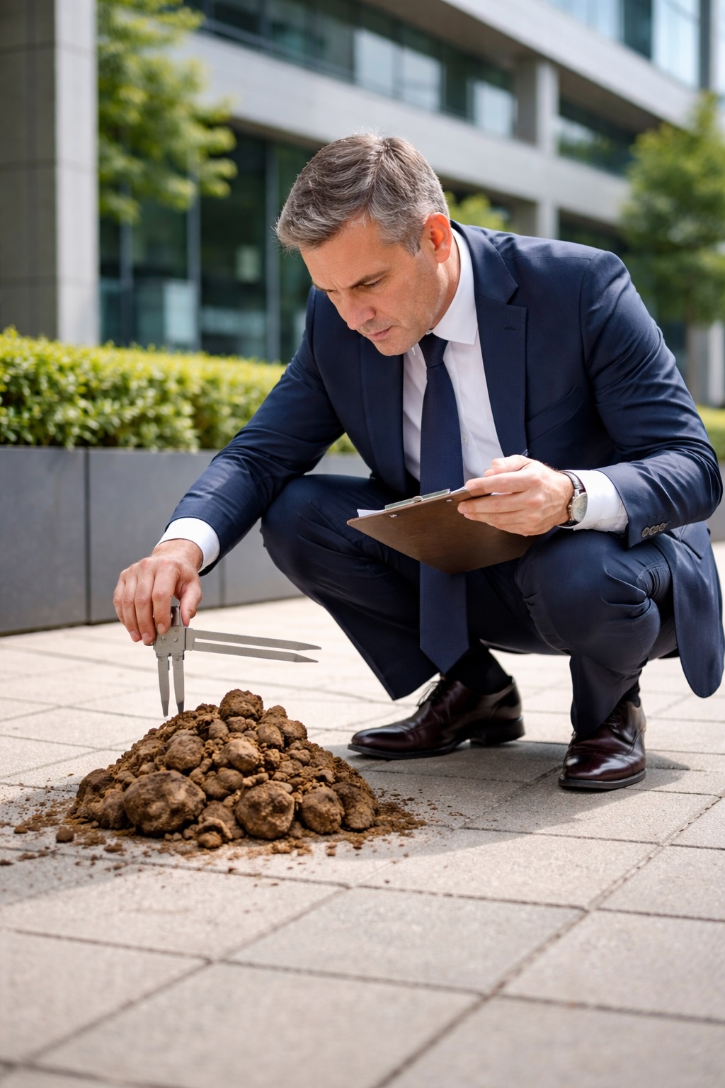 Man in a suit crouching on pavement, examining a pile of manure with a multitool while holding a clipboard.