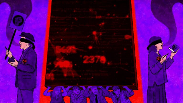 Protesters in purple uniforms, with symbols, stand blindfolded holding signs and phones; red screen in background.