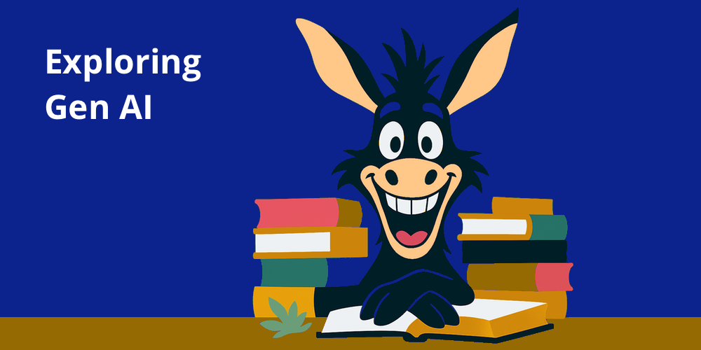Smiling cartoon donkey surrounded by stacked books, text reads "Exploring Gen AI" on a blue background.