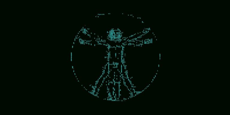 Digital Vitruvian Man composed of teal binary code against a dark background.
