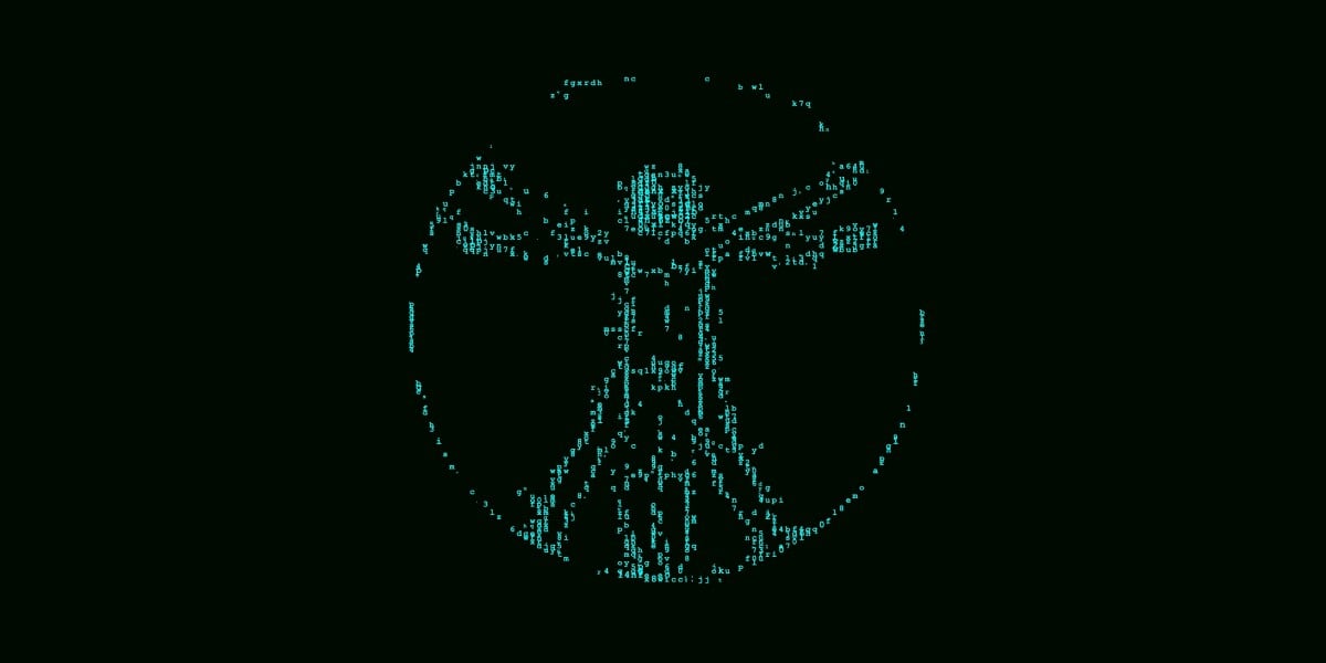 Digital Vitruvian Man composed of teal binary code against a dark background.