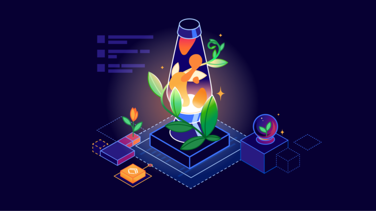 Lava lamp with orange blobs, surrounded by green leaves, a flower bud, and a globe with a leaf inside, on a dark background.