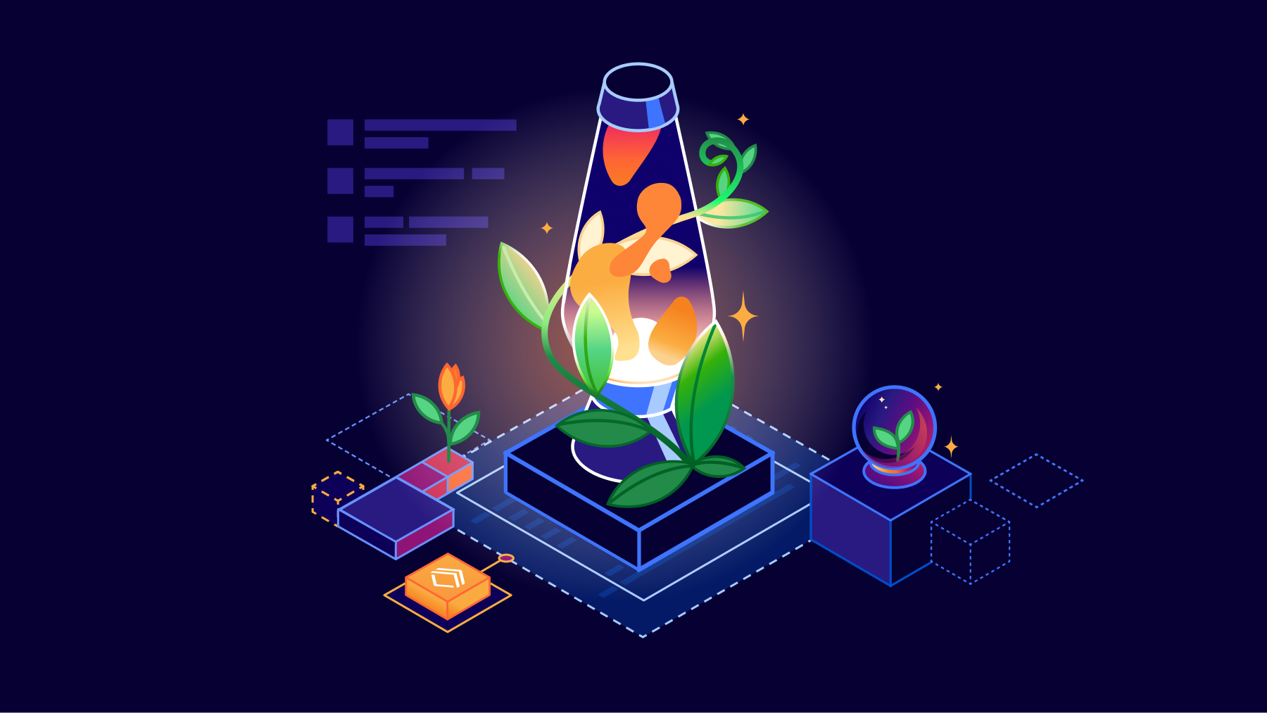 Lava lamp with orange blobs, surrounded by green leaves, a flower bud, and a globe with a leaf inside, on a dark background.