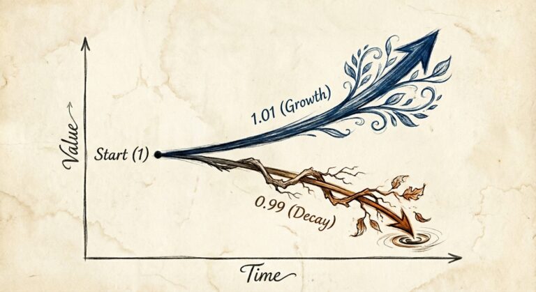 A graph with two lines from Start (1): blue line labelled 1.01 (Growth) rising, and brown line labelled 0.99 (Decay) falling.