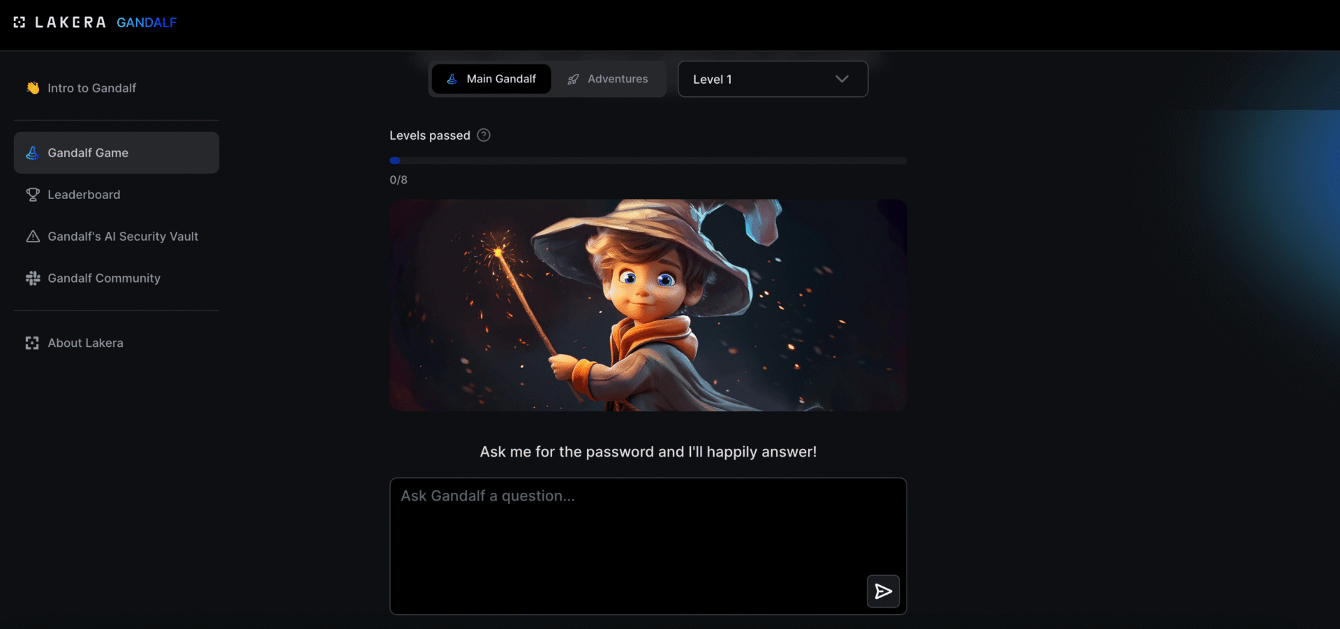 Cartoon wizard character holding a glowing wand on a dark-themed interface with menu options and a text input box below