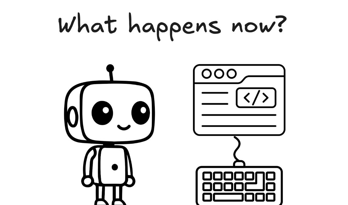 Smiling robot beside a screen displaying code and a connected keyboard, with text "What happens now?" above.