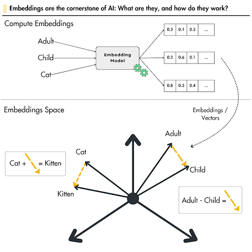 Flowchart showing AI embedding model with arrows to vectors for Adult, Child, Cat. Below, vectors form a semantic space