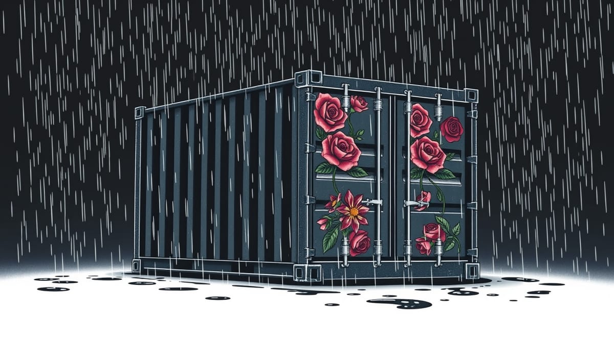 A shipping container in the rain, decorated with vibrant red roses and greenery on the doors, surrounded by puddles.