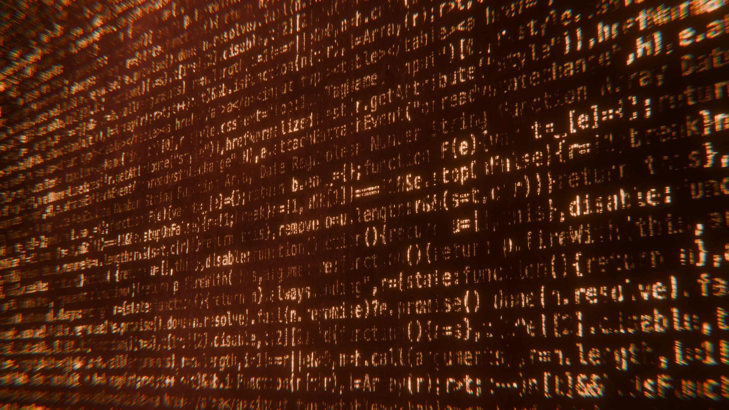 Glowing orange computer code displayed on a dark screen, with text lines overlapping and slightly blurred.