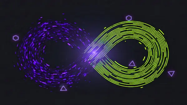 Purple and green neon infinity symbol with swirling lines and geometric shapes on a dark background.