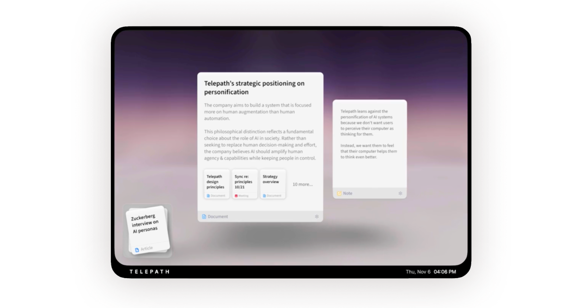 Telepath interface showing documents and notes on AI personification strategy, emphasizing human agency over automation.