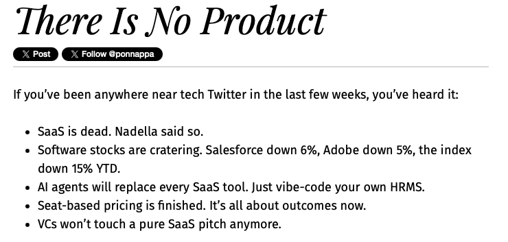 Text reads: There Is No Product with points on SaaS's decline, software stocks dropping, AI impact, and shifts in pricing