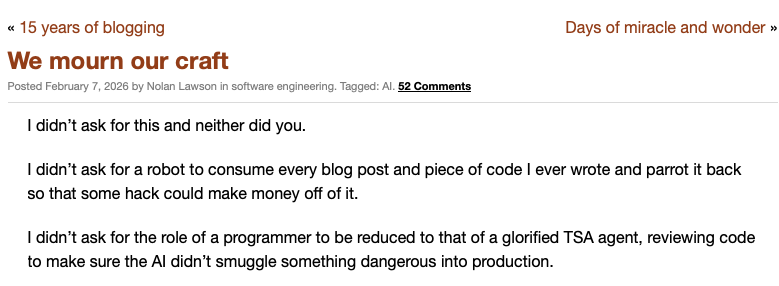 Blog post titled "We mourn our craft" by Nolan Lawson, dated February 7, 2026, discussing AI and software engineering.