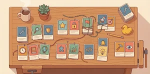 Wooden desk with cards featuring icons like tools, globe, and lightbulb, a coffee cup, succulent, yellow rubber duck, and ...