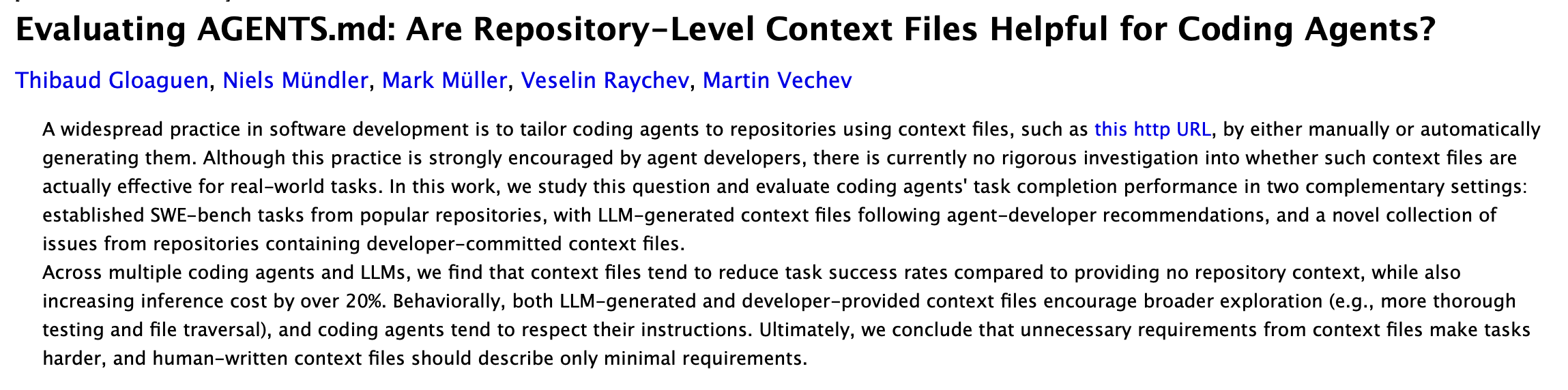 Text titled "Evaluating AGENTS.md" with authors listed and a paragraph discussing repository-level context files for coding agents.