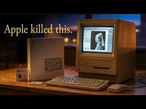 Vintage Macintosh SE with HyperCard software showing a monochrome portrait, beside its packaging, under text "Apple killed...