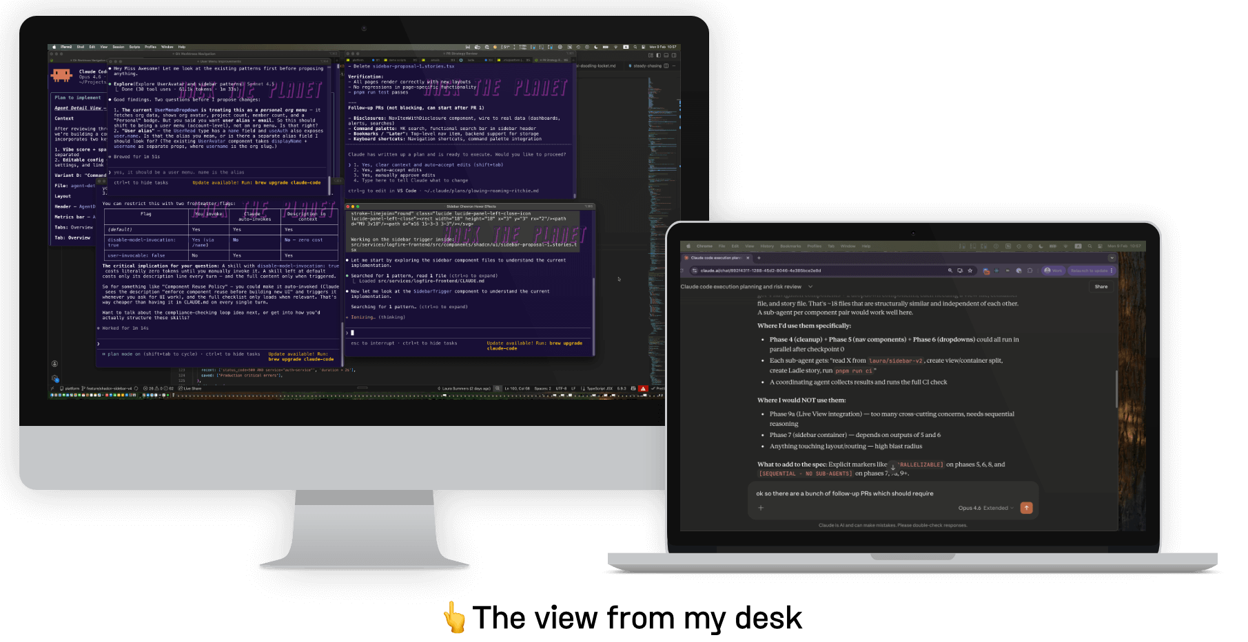 Dual monitors displaying coding interfaces; left screen shows four code windows in dark mode, right screen shows a text editor.