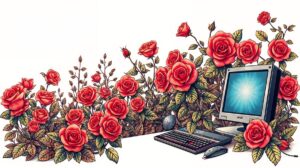 Computer surrounded by vibrant red roses and lush green leaves, with a glowing screen, keyboard, and a mouse.