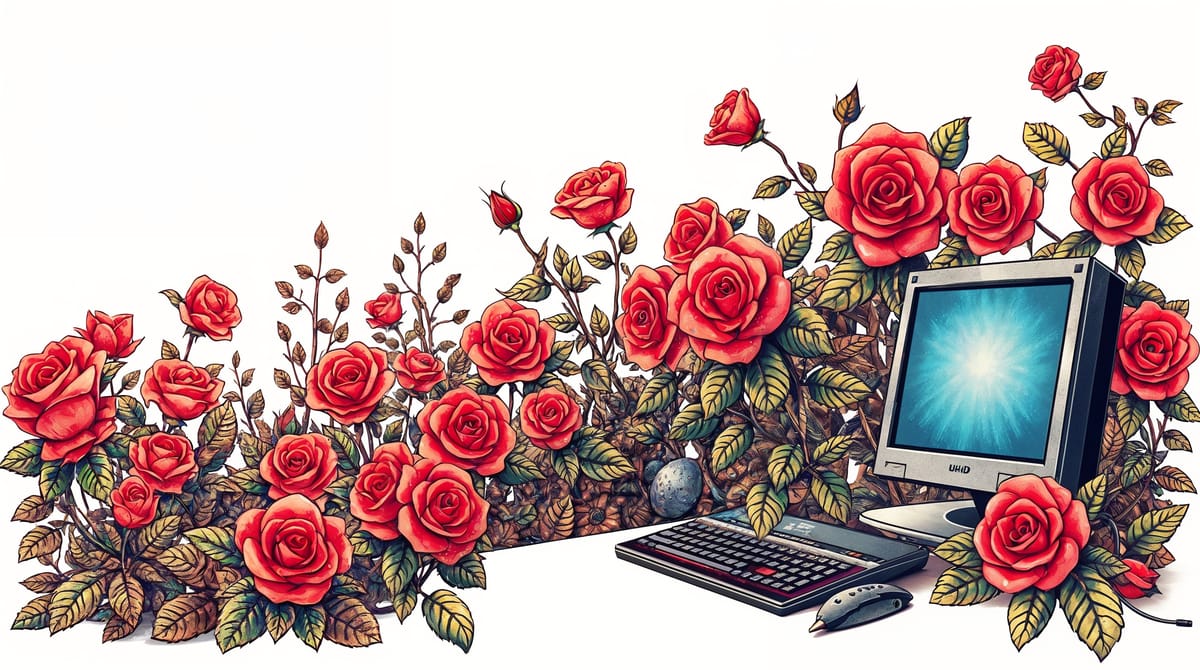 Computer surrounded by vibrant red roses and lush green leaves, with a glowing screen, keyboard, and a mouse.