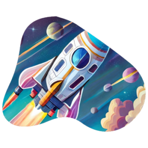 Colorful rocket soaring through space with planets and clouds in the background.