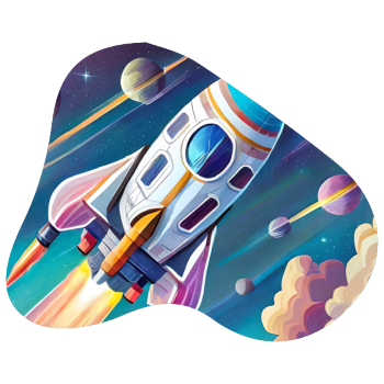 Colorful rocket soaring through space with planets and clouds in the background.