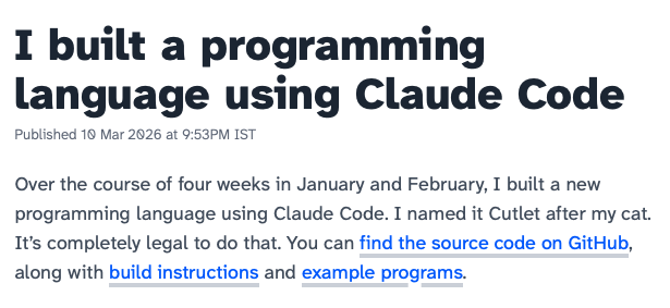Text reads "I built a programming language using Claude Code" with links to source code, build instructions, and example programs.