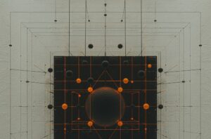 Abstract geometric design with interconnected orange lines and black spheres over a textured background.
