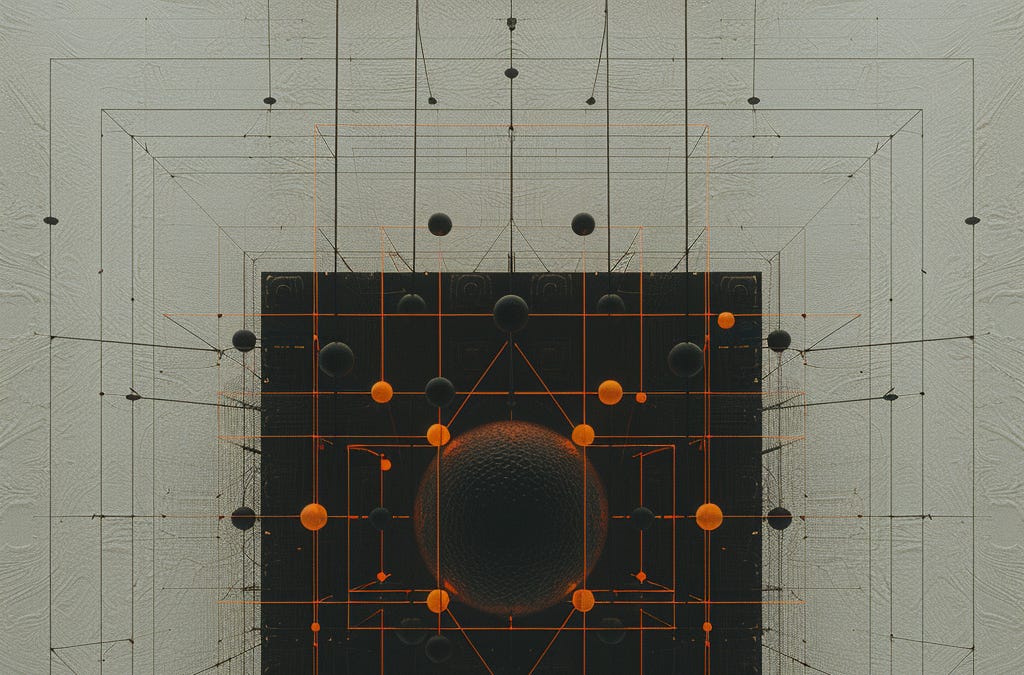 Abstract geometric design with interconnected orange lines and black spheres over a textured background.