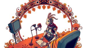 A robotic goat with headphones and microphones at a desk, ornate arch and vintage TV, surrounded by decorative foliage.