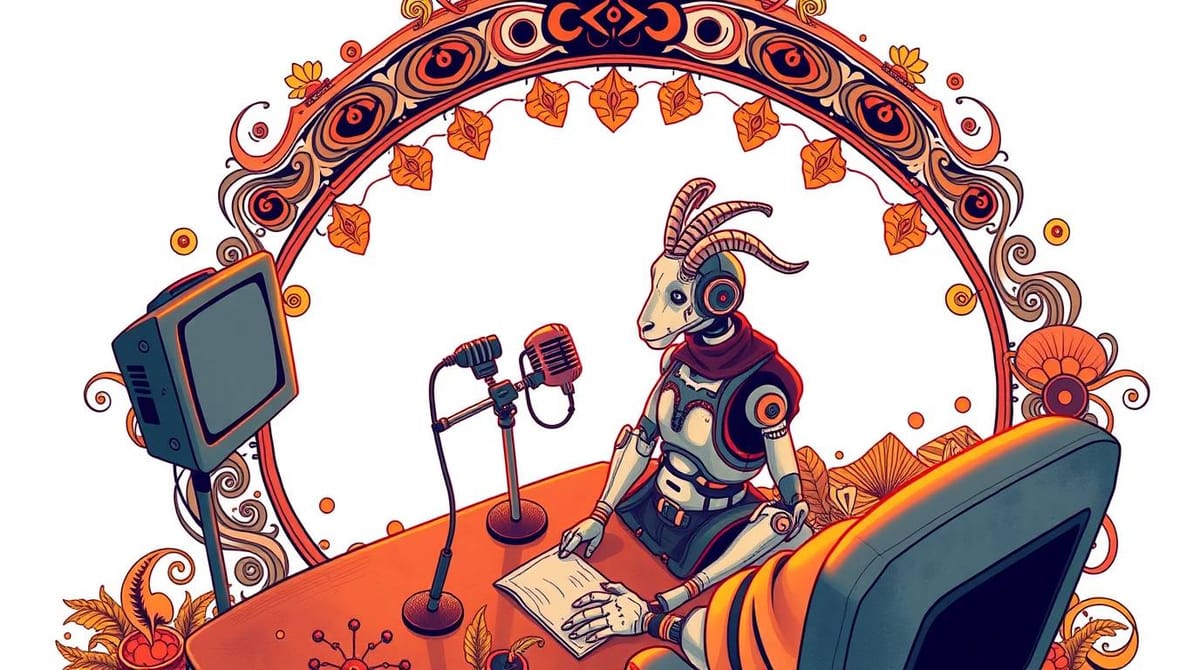 A robotic goat with headphones and microphones at a desk, ornate arch and vintage TV, surrounded by decorative foliage.