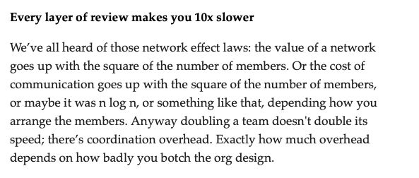 Text discussing how additional layers of review slow processes, highlighting network effect laws and coordination overhead.