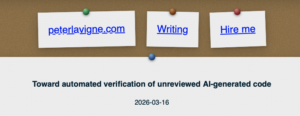 Three pinned notes with links: "peterlavigne.com," "Writing," and "Hire me." Text below: "Toward automated verification of...