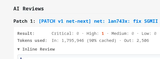 AI review of patch 1 shows 0 critical, 1 high, 0 medium, 0 low issues. Tokens used: 1,795,946 in, 2,506 out. Include inlin...