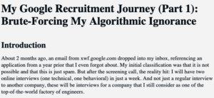 Text titled "My Google Recruitment Journey (Part 1): Brute-Forcing My Algorithmic Ignorance" with an introduction about re...