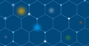 Hexagonal grid pattern with various shapes at intersections, featuring blurred light spots in yellow, blue, and green on d...