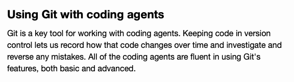 Title text reads "Using Git with coding agents" followed by a paragraph about Git's role in version control with coding ag...