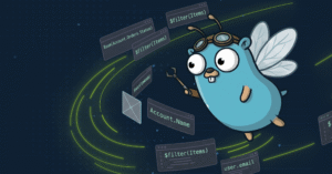 Blue cartoon gopher with wings, wearing goggles, surrounded by floating code snippets on a dark digital background.
