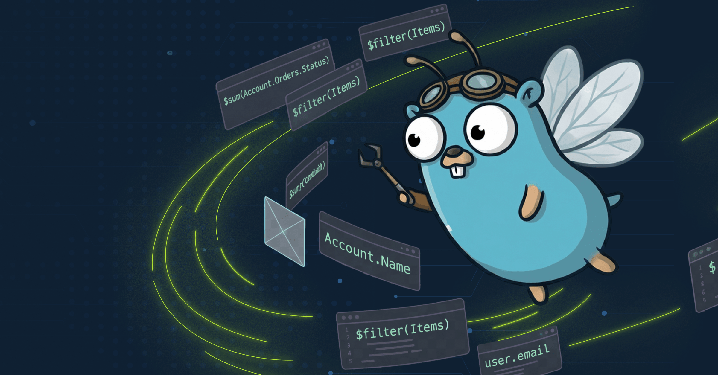Blue cartoon gopher with wings, wearing goggles, surrounded by floating code snippets on a dark digital background