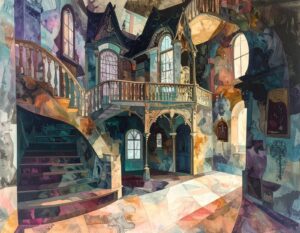 Colorful abstract painting of a grand interior with a curved staircase, large windows, arched doorways, and intricate deta...