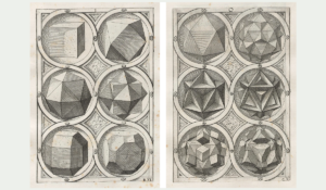 Twelve geometric shapes enclosed in circles, arranged in two columns, with intricate line patterns and shading.