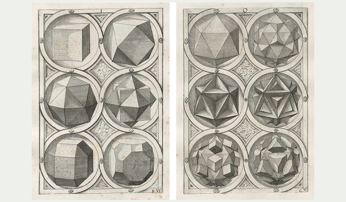 Twelve geometric shapes enclosed in circles, arranged in two columns, with intricate line patterns and shading.